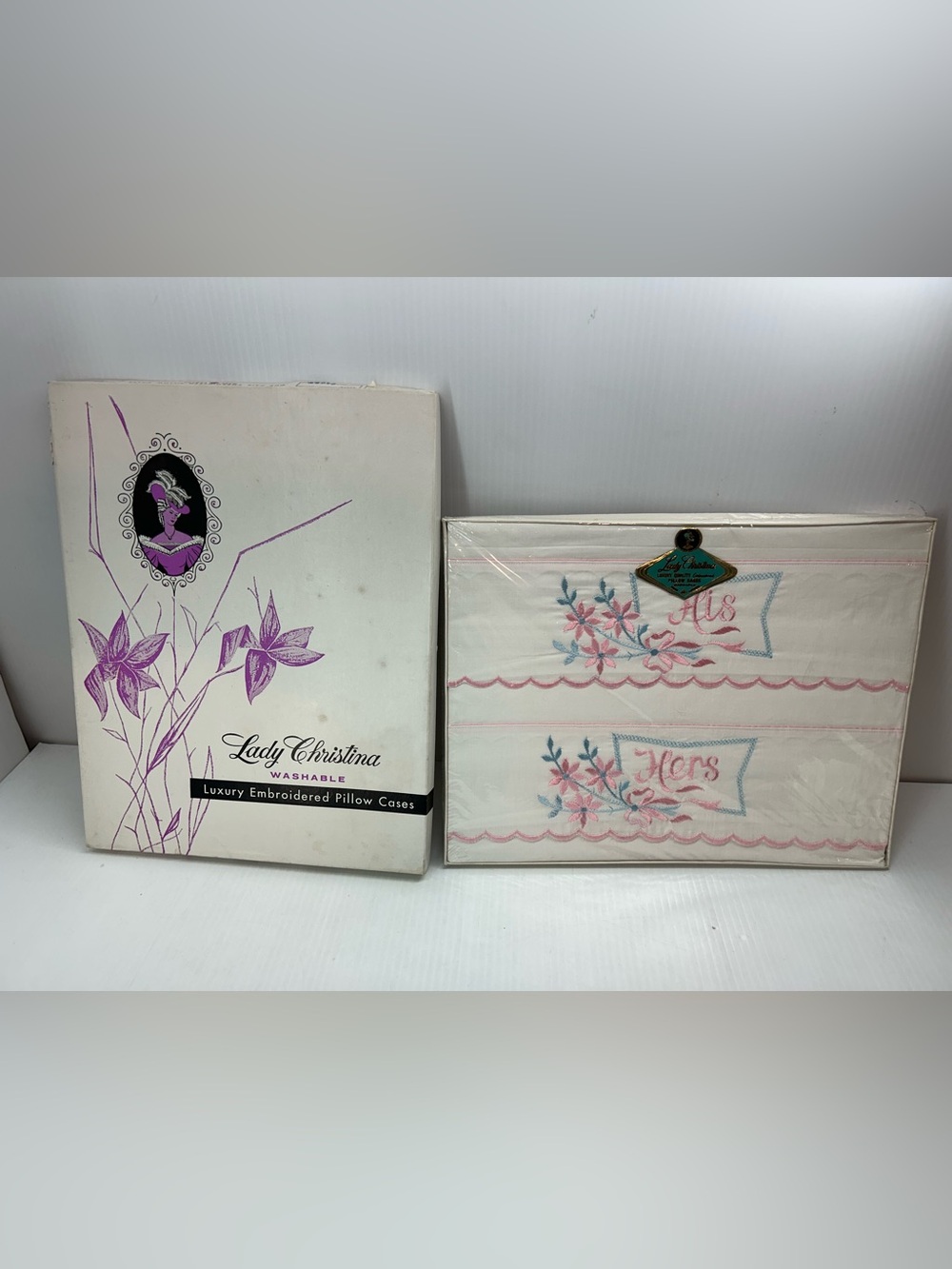 Vintage  Lady Christina His & Hers embroidered pillowcases sealed